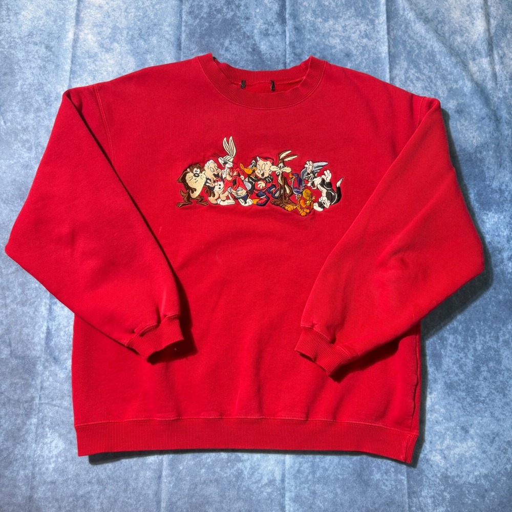 Vintage Looney Tunes Embroidered Crewneck Sweatshirt Red Cartoon Size S